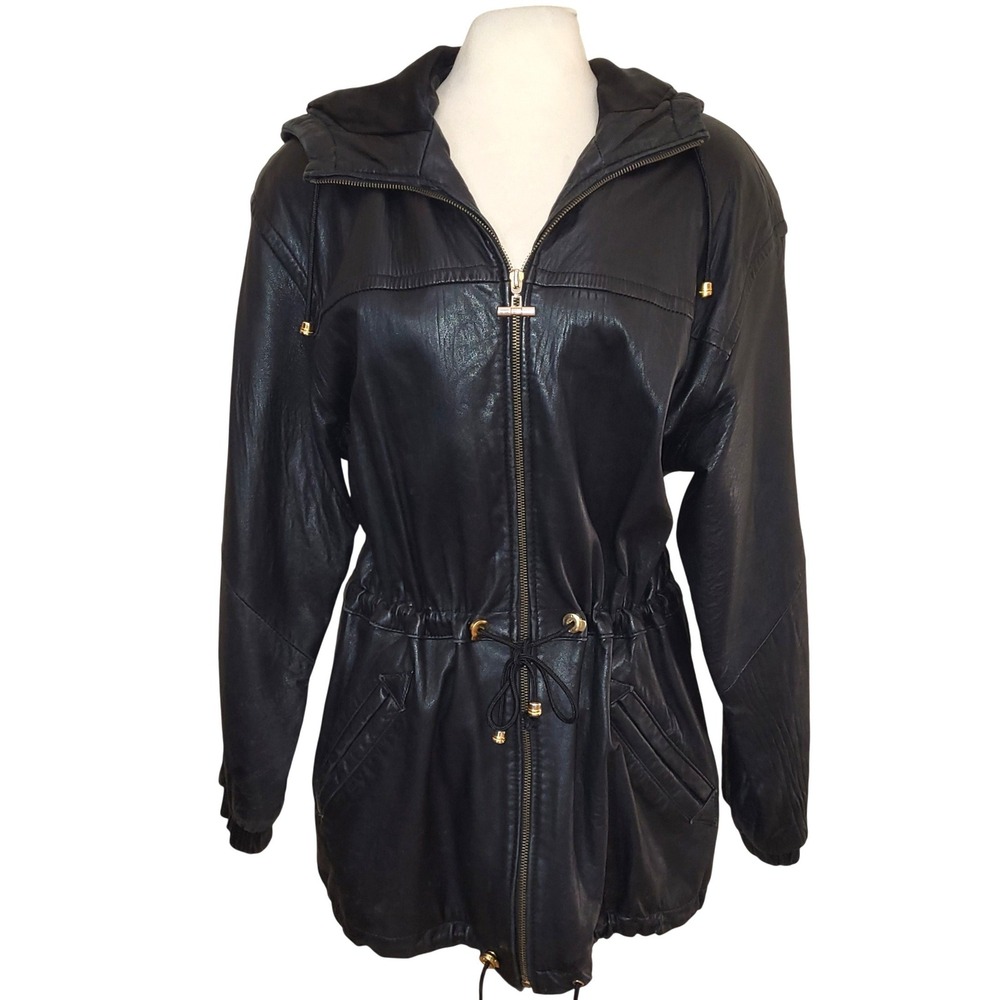 VTG Colebrook & Co Women's Black Leather Long Hooded Drawstring Waist Jacket S
